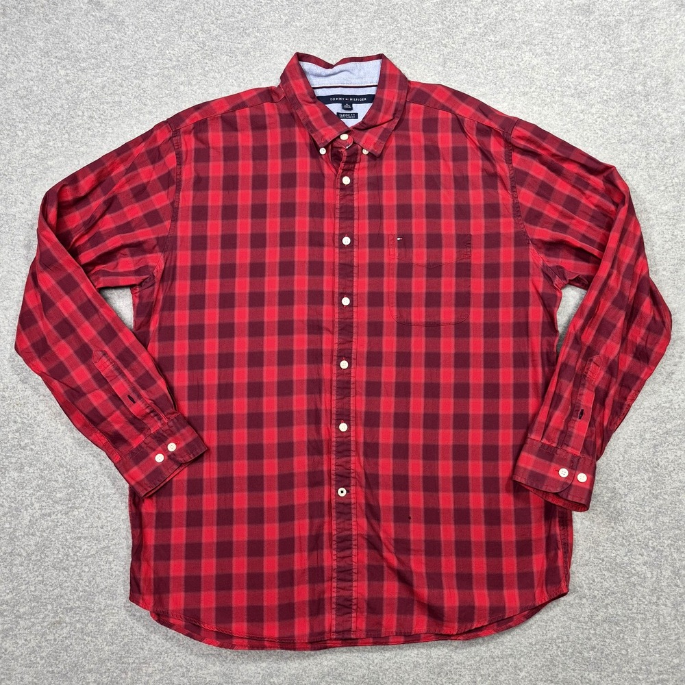 Vintage Tommy Hilfiger Mens XL Shirt Red Black Plaid Flannel Classic Fit Y2K